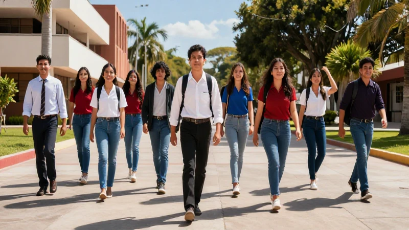 Jóvenes mexicanos sonriendo en campus soleado