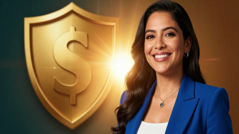 Mujer mexicana feliz, escudo dorado de seguridad y futuro