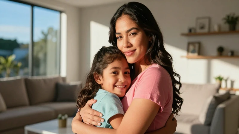 Madre mexicana orgullosa y su hijo en un abrazo