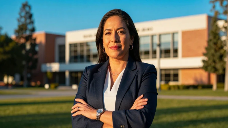 Madre mexicana confiada en campus moderno