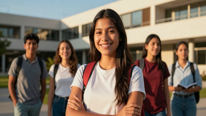 Retrato vibrante de estudiante mexicano sonriente en campus de Puebla