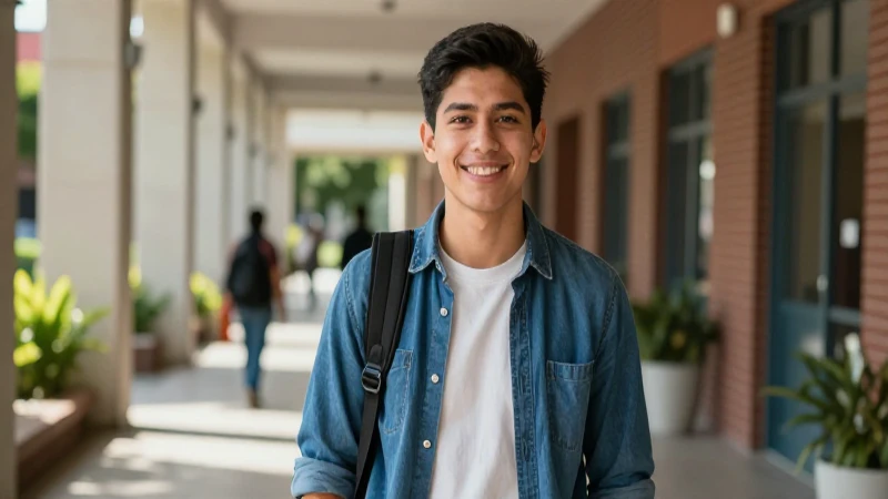 Estudiante mexicano sonriente en campus vibrante
