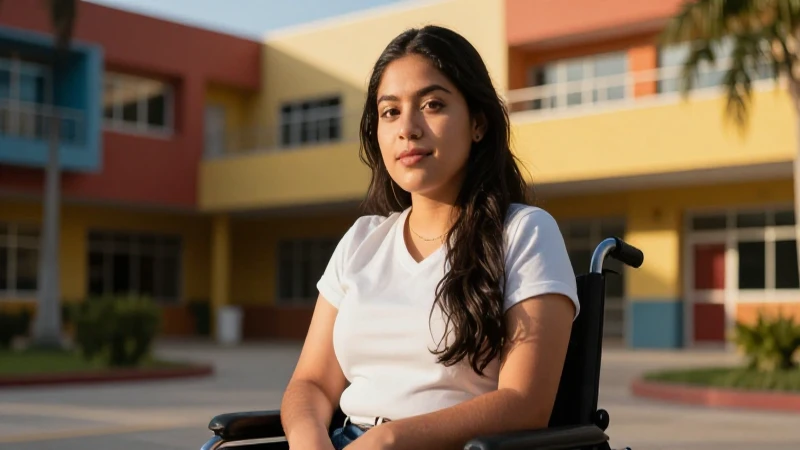 Joven mexicano con discapacidad, confiado, en campus soleado