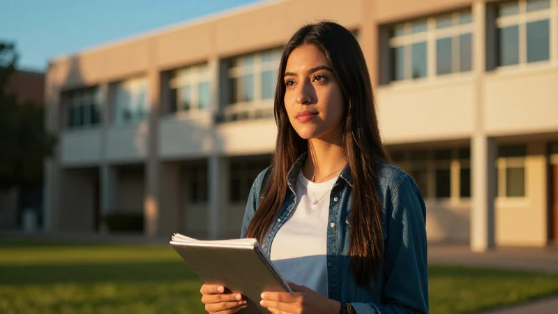 Joven mexicana estudia en un campus con luz dorada