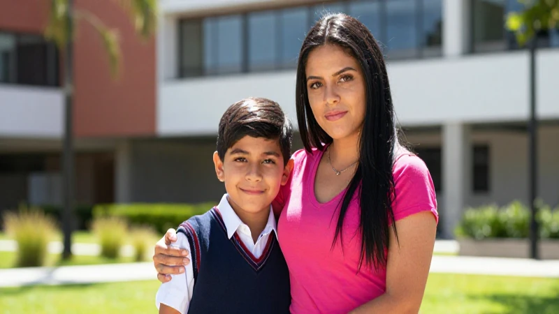 Madre mexicana orgullosa con su hijo en universidad