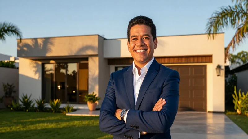 Profesional mexicano en un hogar moderno, iluminación dorada