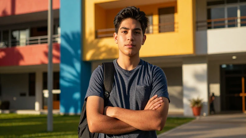 Estudiante mexicano moderno en campus vibrante y luminoso