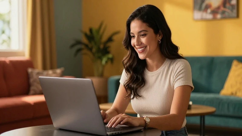 Madre mexicana sonriente trabaja en su laptop moderna