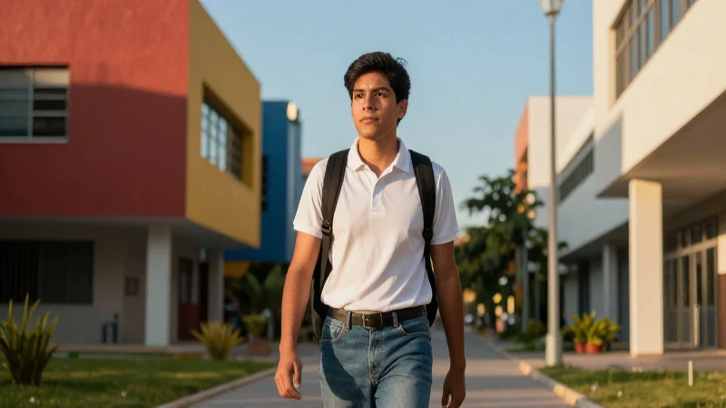 Estudiante mexicano en campus moderno y vibrante