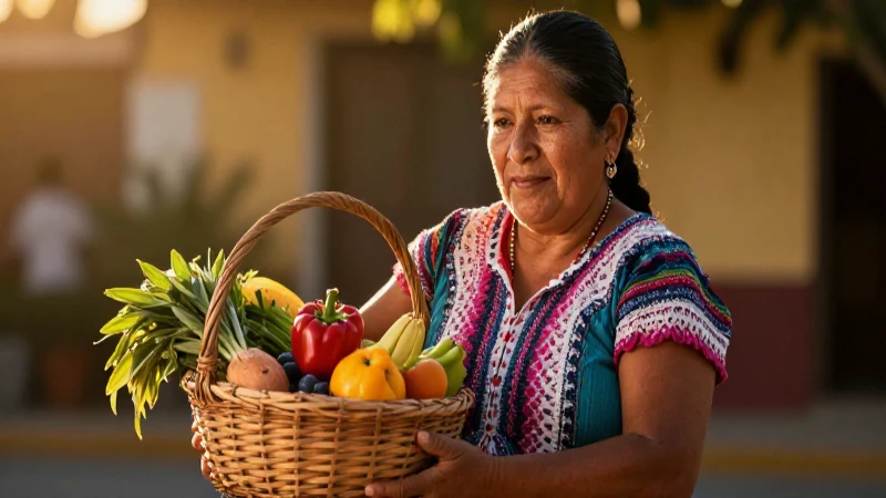 Madre mexicana con cosecha bajo luz dorada