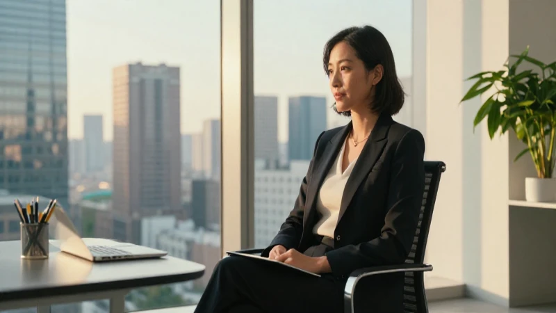 Mujer en oficina moderna con vistas a la ciudad