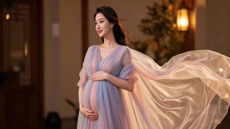 Mujer embarazada espectacular en vestido etéreo