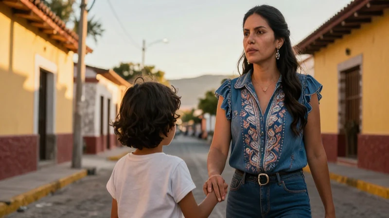 Madre y niño en barrio mexicano al atardecer