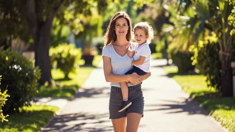 Madre feliz y hermosa guía a su hijo hacia la luz