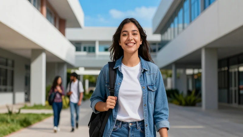 Estudiante mexicano feliz camina en universidad moderna