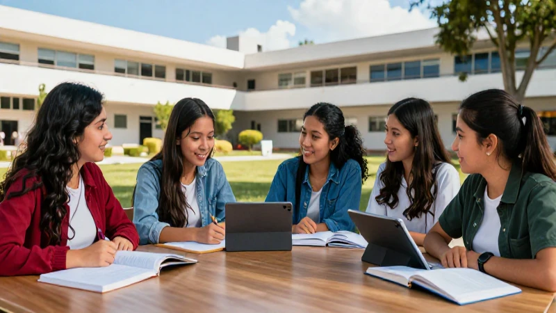 Estudiantes mexicanos vibrantes en campus moderno