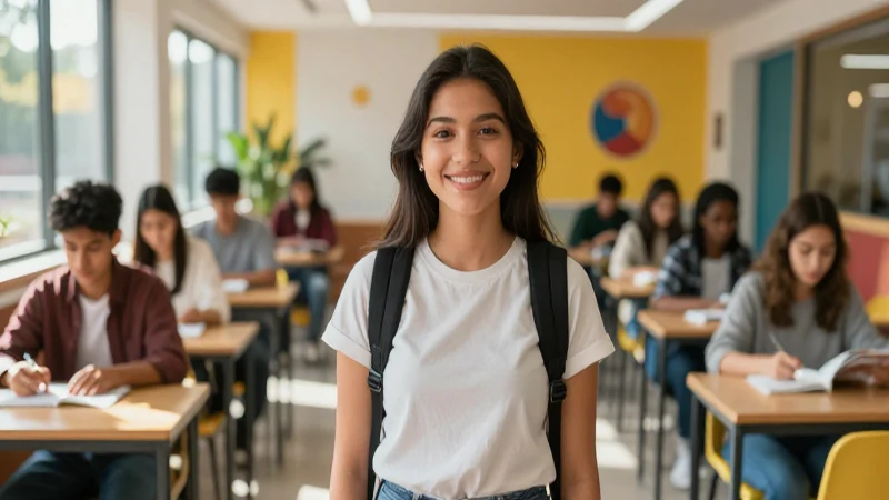 Estudiante mexicano sonriente en un entorno de aprendizaje vibrante