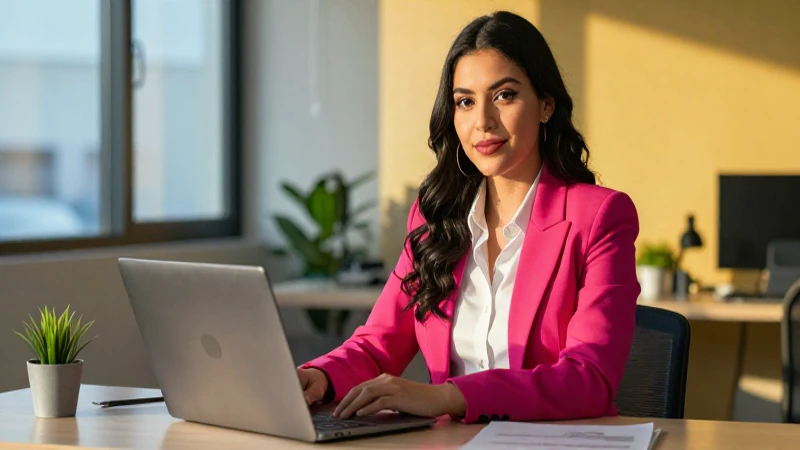 Joven profesional mexicana en oficina con luz dorada