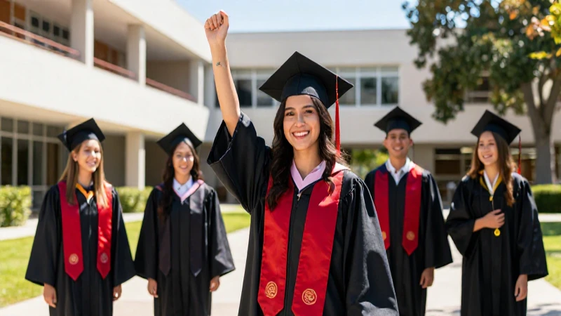 Estudiante mexicano sonriente en graduación en campus moderno
