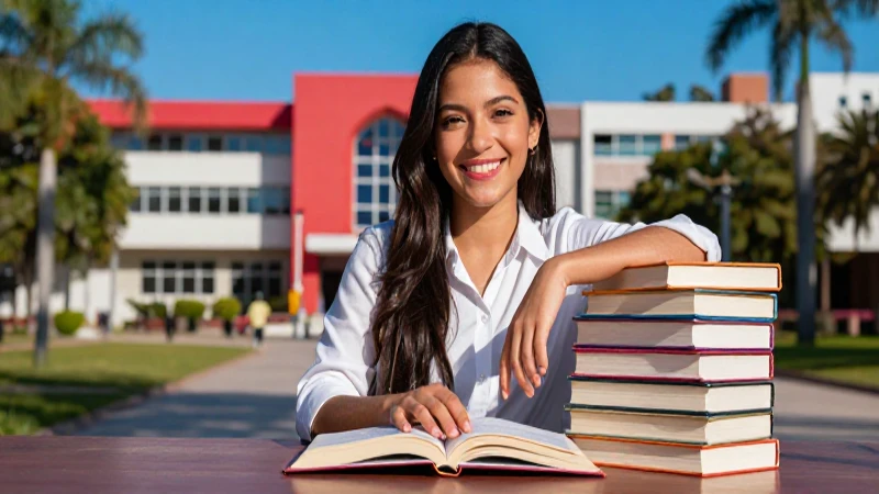 Joven mexicana sonriente con libros, diseño vibrante