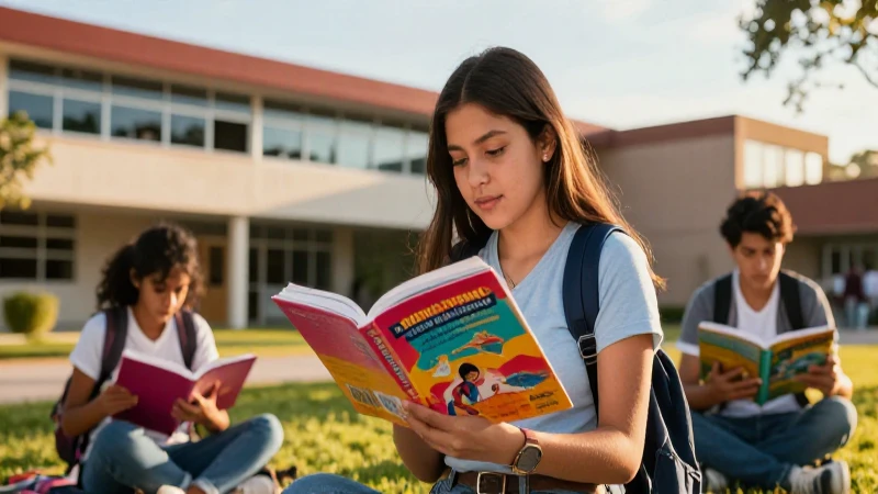 Estudiante mexicano en campus modernizado con luz dorada