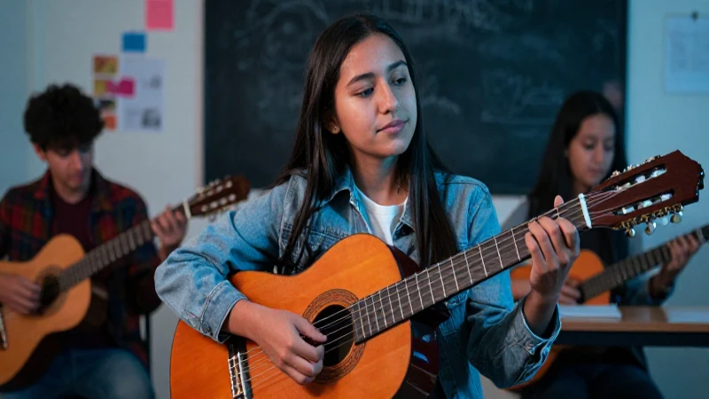 Estudiante mexicano entusiasta tocando guitarra acústica moderna