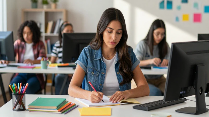 Estudiante mexicana diversa y enfocada en escritorio vibrante