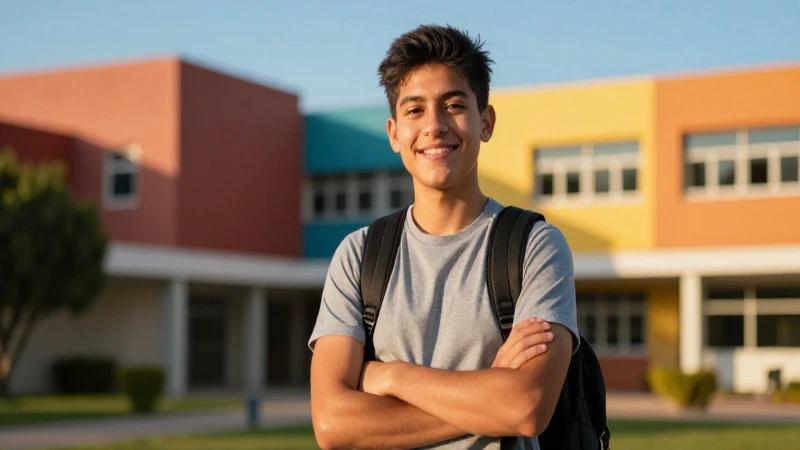 Estudiante mexicano sonríe bajo luz dorada