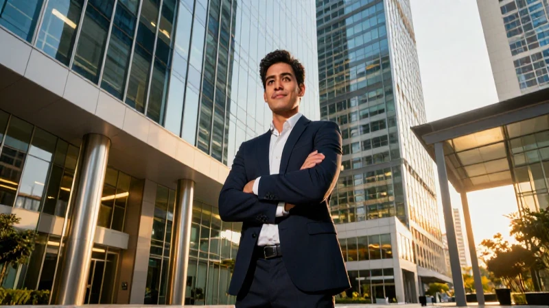 Joven profesional mexicano en lobby corporativo moderno