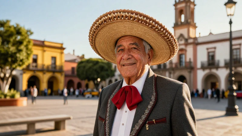 Senior mexicano feliz en plaza dorada