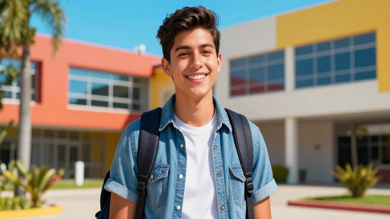 Joven mexicano sonríendo en campus vibrante