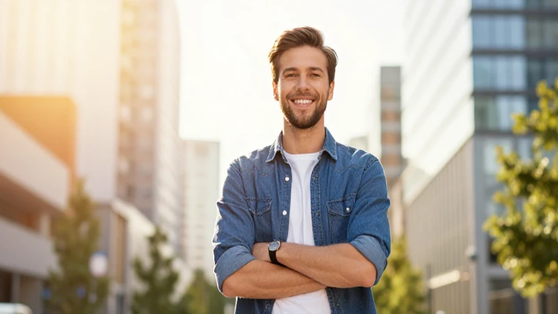 Persona optimista y profesional en ciudad moderna