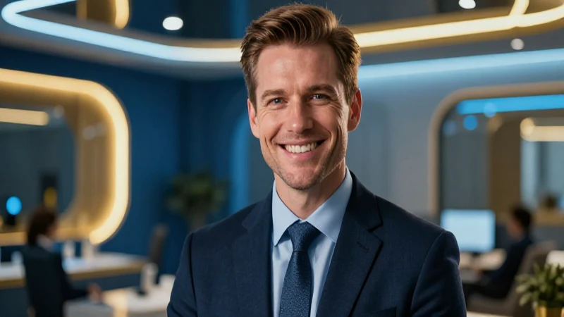 Asesor financiero sonriente en oficina moderna y elegante
