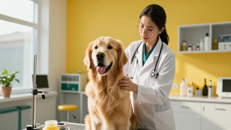 Veterinario examina golden retriever en clínica