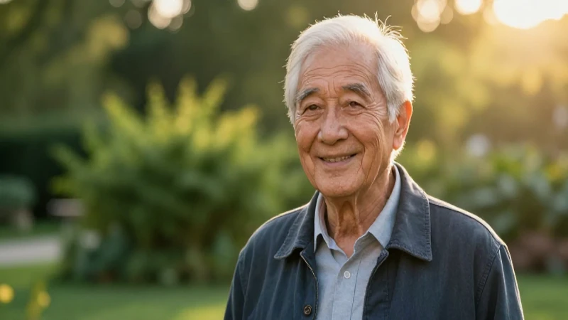 Hombre sonriente en jardín al atardecer