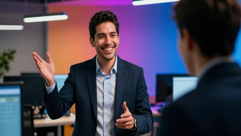 Joven profesional mexicano sonríe en oficina moderna