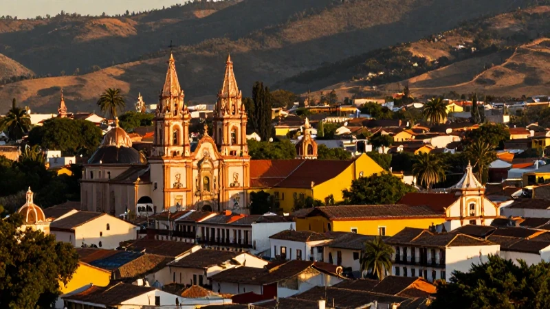 Pueblo tradicional mexicano al atardecer cinemático