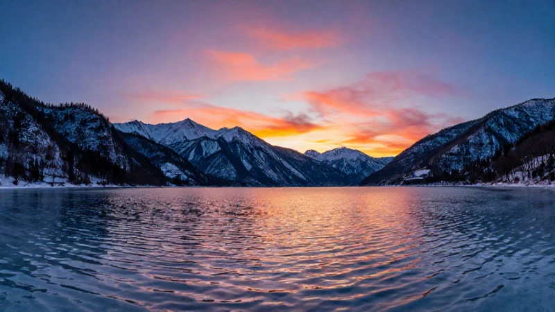 Vistas épicas del lago en invierno al atardecer
