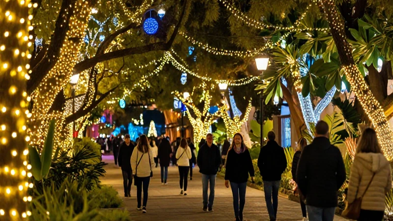 Jardín festivo invernal con turistas y luces