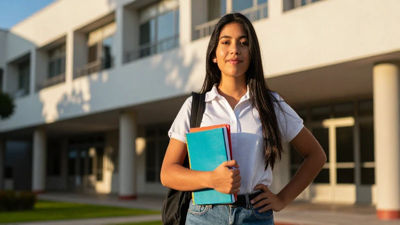 Vibrante estudiante mexicano en campus moderno