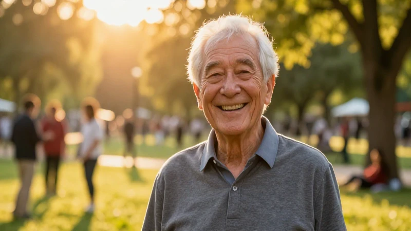 Hombre sonriendo en parque con luz dorada