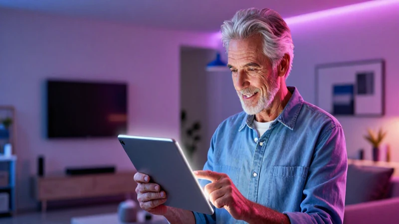 Hombre radiante interactúa con tableta futurista en casa