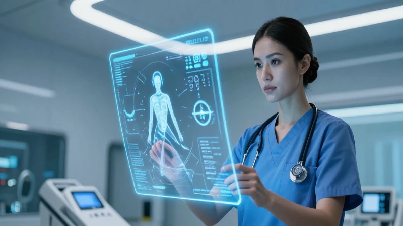 Médico futurista con escaneo holográfico en clínica de alta tecnología