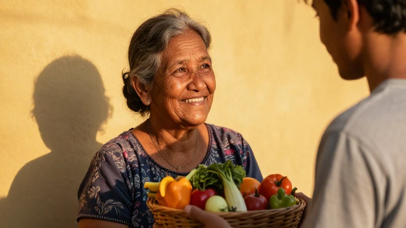 Abrazo cálido, mujer sonríe y comparte comida