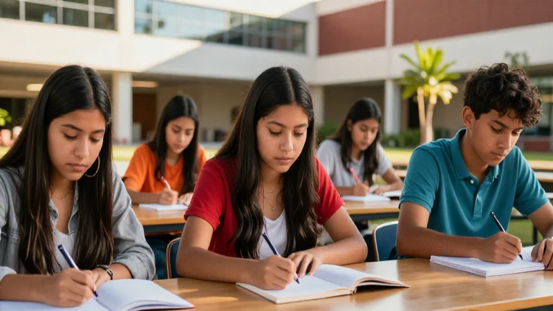 Estudiantes mexicanos en campus moderno, luz dorada y vibrante