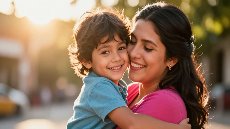 Madre mexicana feliz abraza a su hijo bajo el sol