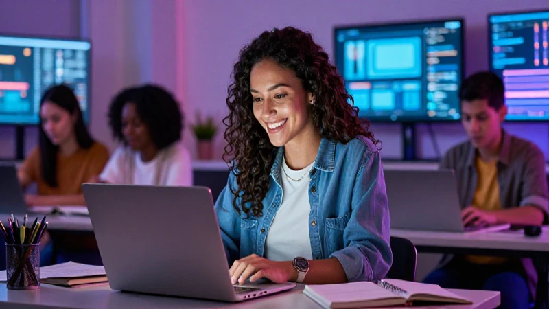 Joven mexicana sonriente estudiando en laptop