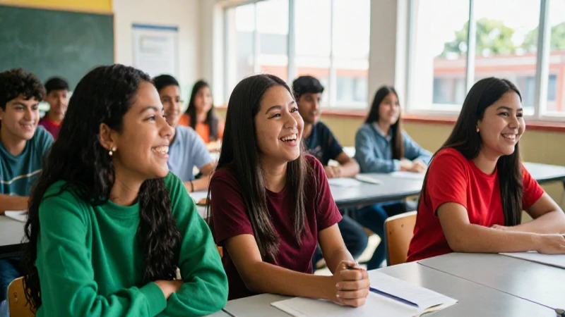 Estudiantes mexicanos ríen bajo la luz en la escuela