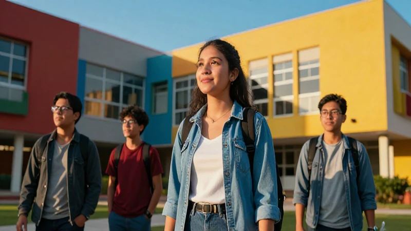 Estudiante optimista en vibrante campus universitario moderno