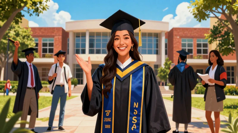 Estudiante mexicano graduado en campus moderno